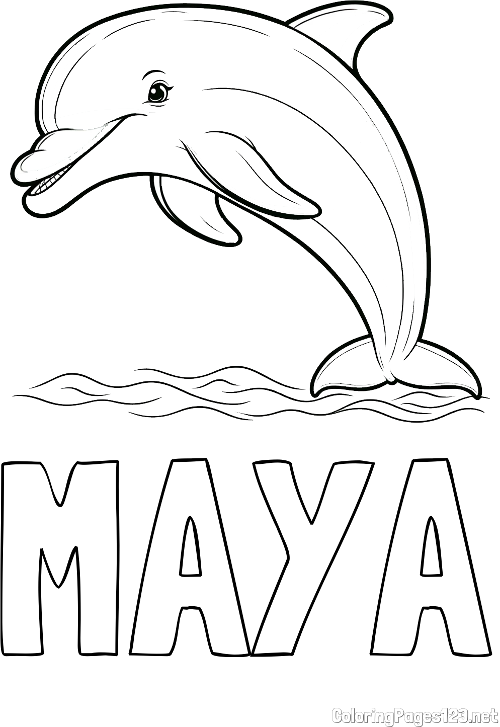 MAYA Coloring Page and Children's Coloring Page of a Smiling Dolphin Jumping