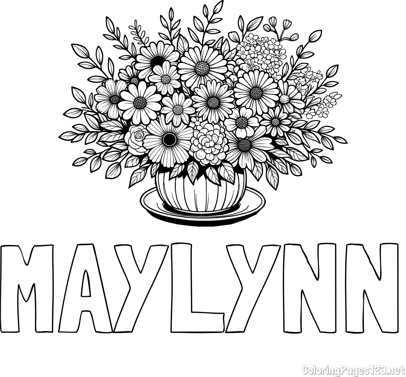 MAYLYNN Coloring Page and Beautiful Bouquet of Flowers Coloring Page