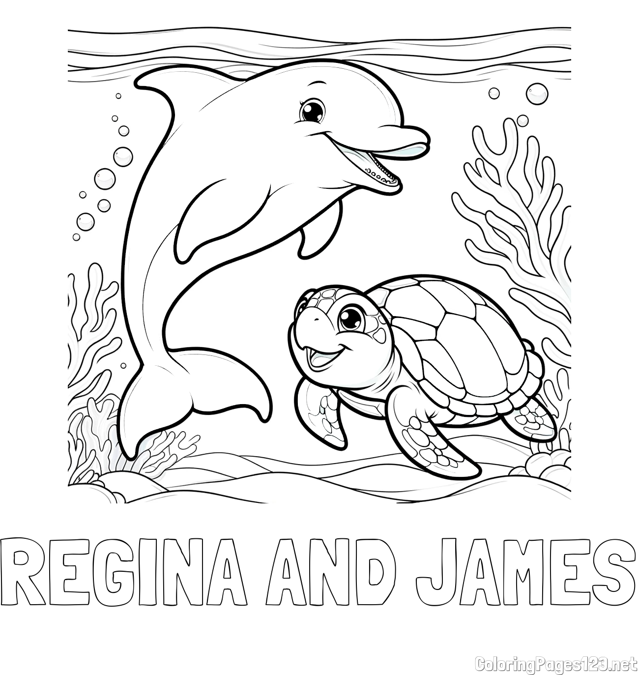 REGINA AND JAMES Coloring Page and Coloring Book of a Cute Dolphin with a Turtle in the Sea