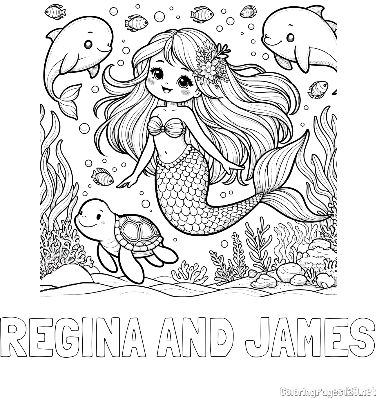 REGINA AND JAMES Coloring Page and Coloring Page of a Cute Mermaid with Friends