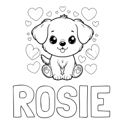 Online Created Coloring Page - ROSIE Coloring Page and Coloring Page of a Cute Dog and Hearts