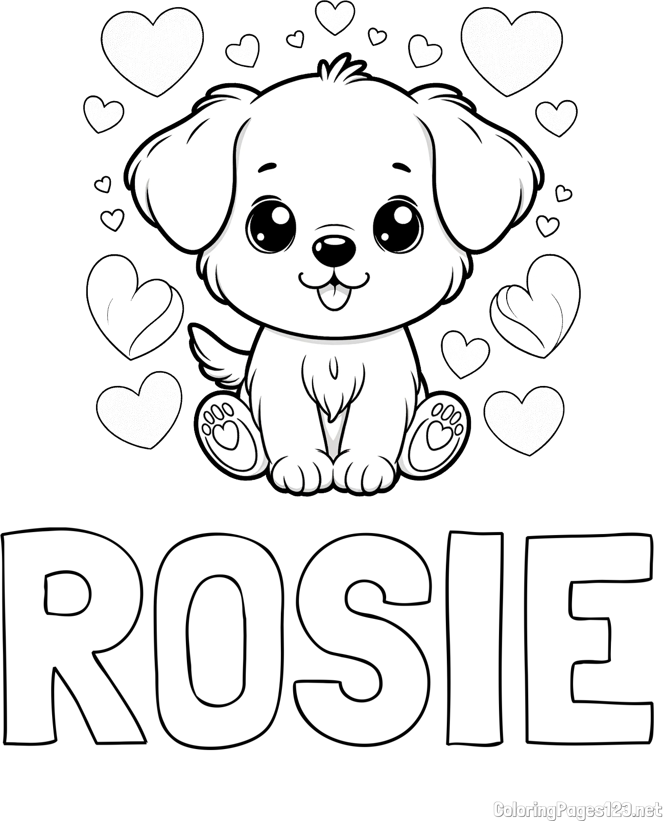 ROSIE Coloring Page and Coloring Page of a Cute Dog and Hearts