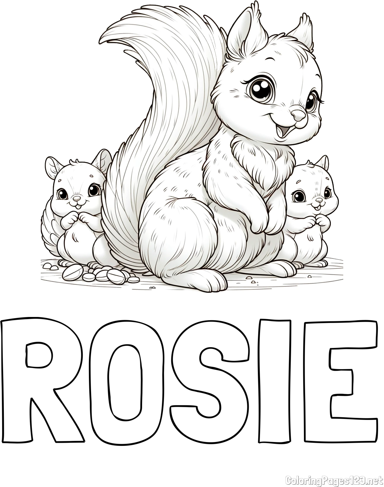 ROSIE Coloring Page and Free Printable Coloring Page of a Squirrel and Pups