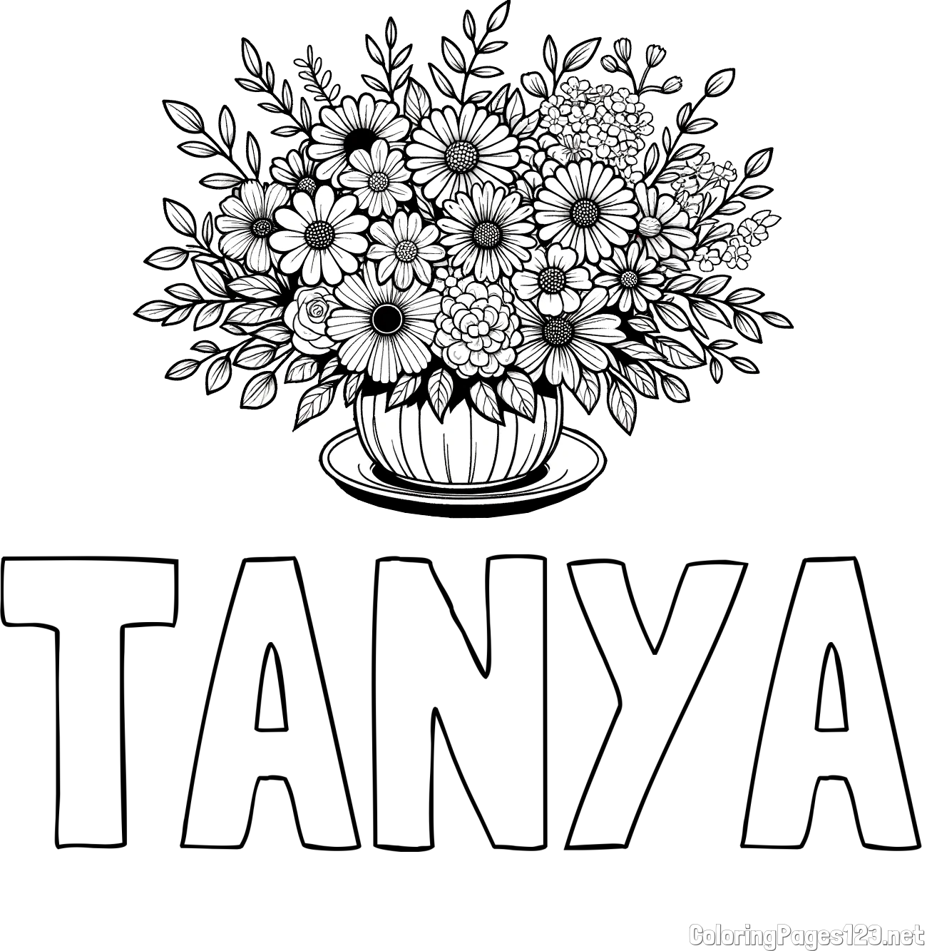 TANYA Coloring Page and Beautiful Bouquet of Flowers Coloring Page