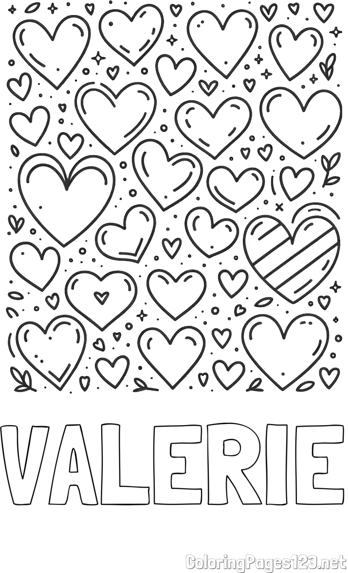 VALERIE Coloring Page and Children's Coloring Page of Many Hearts