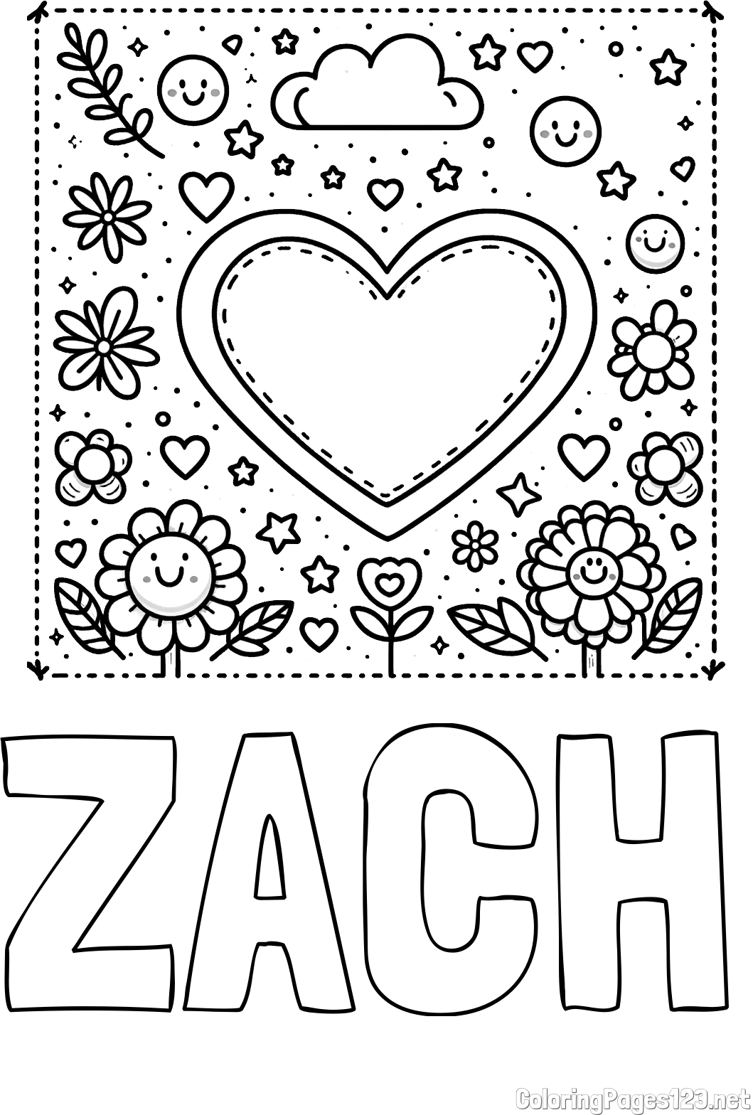ZACH Coloring Page and Free Printable Coloring Page of Heart and Flowers
