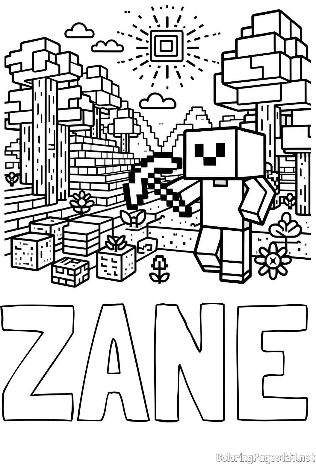 ZANE Coloring Page and Minecraft World Coloring Page