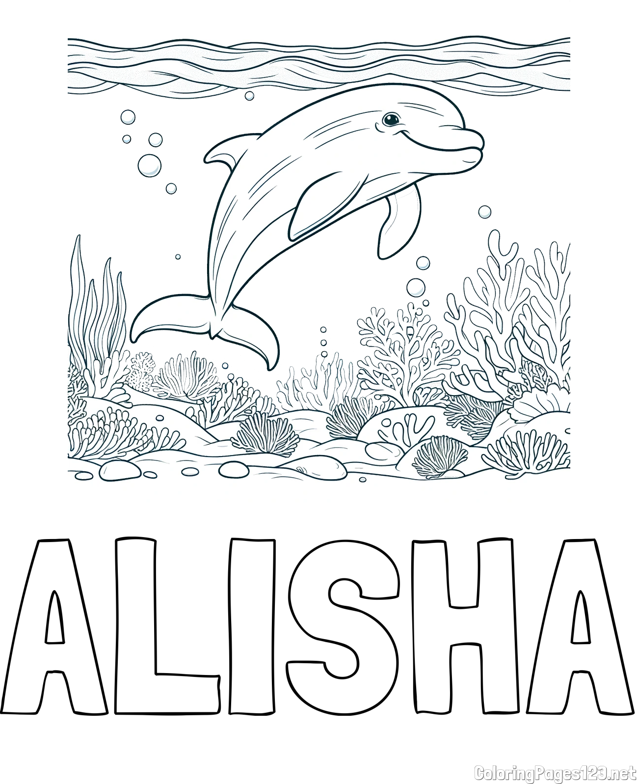 ALISHA Coloring Page and Coloring Page of a Cute Dolphin Swimming in the Sea