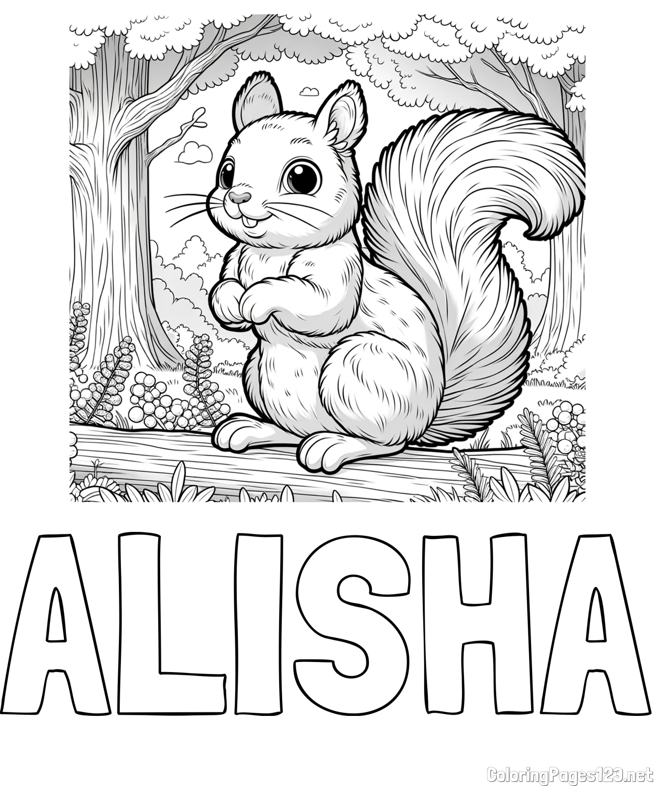 ALISHA Coloring Page and Coloring Page of a Squirrel in a Forest