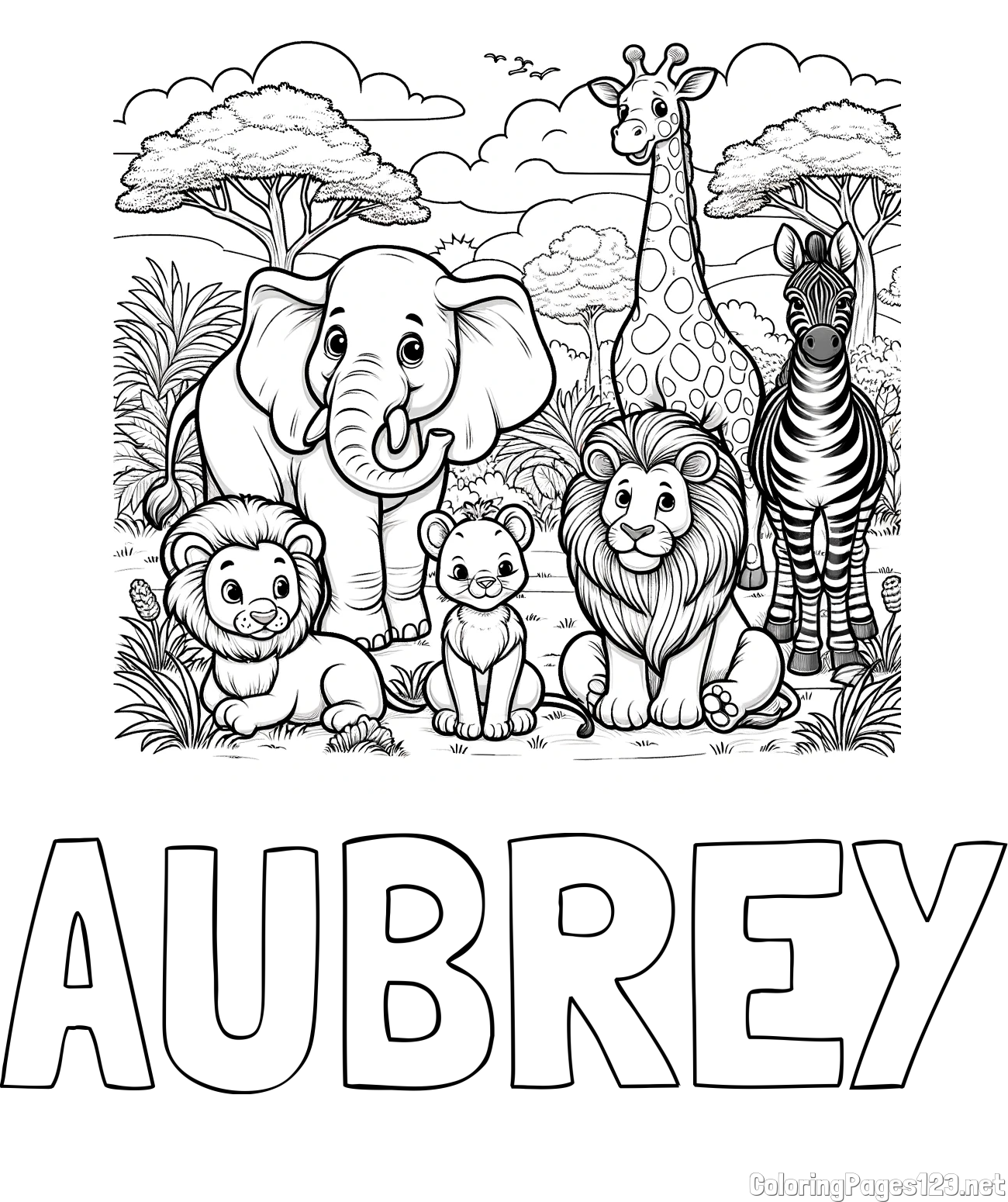 AUBREY Coloring Page and Beautiful Animal Coloring Page - Lion Family, Elephant, Giraffe, and Zebra