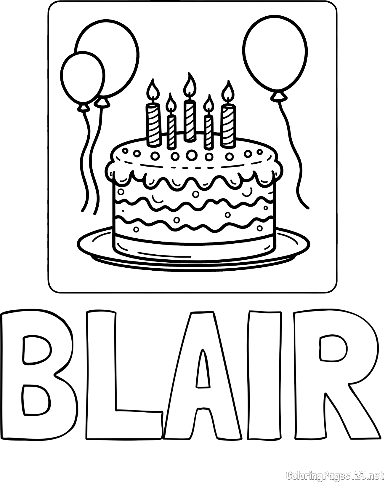 BLAIR Coloring Page and 5th Birthday Cake Coloring Page