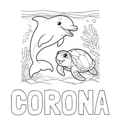Online Created Coloring Page - CORONA Coloring Page and Coloring Book of a Cute Dolphin with a Turtle in the Sea