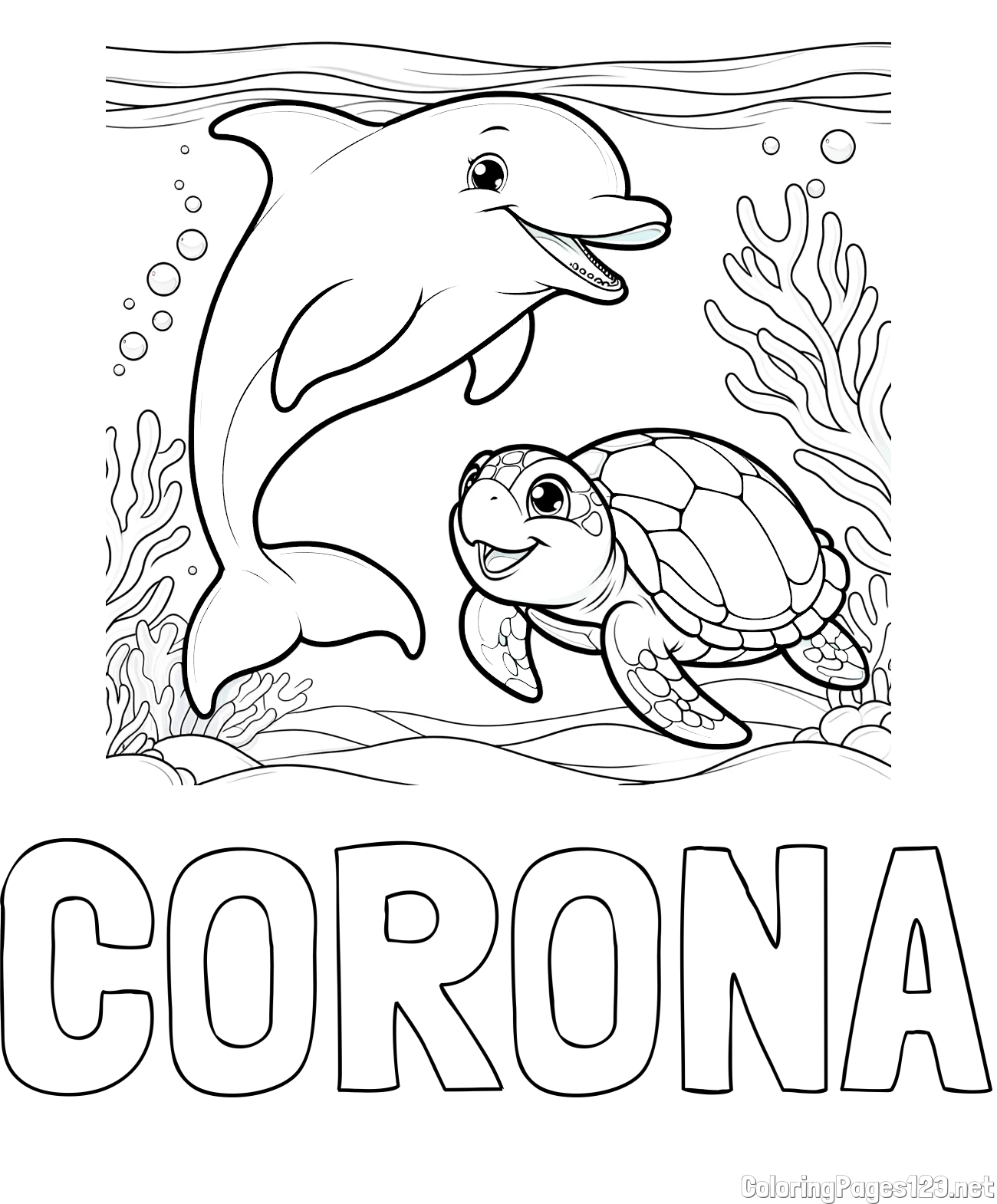 CORONA Coloring Page and Coloring Book of a Cute Dolphin with a Turtle in the Sea