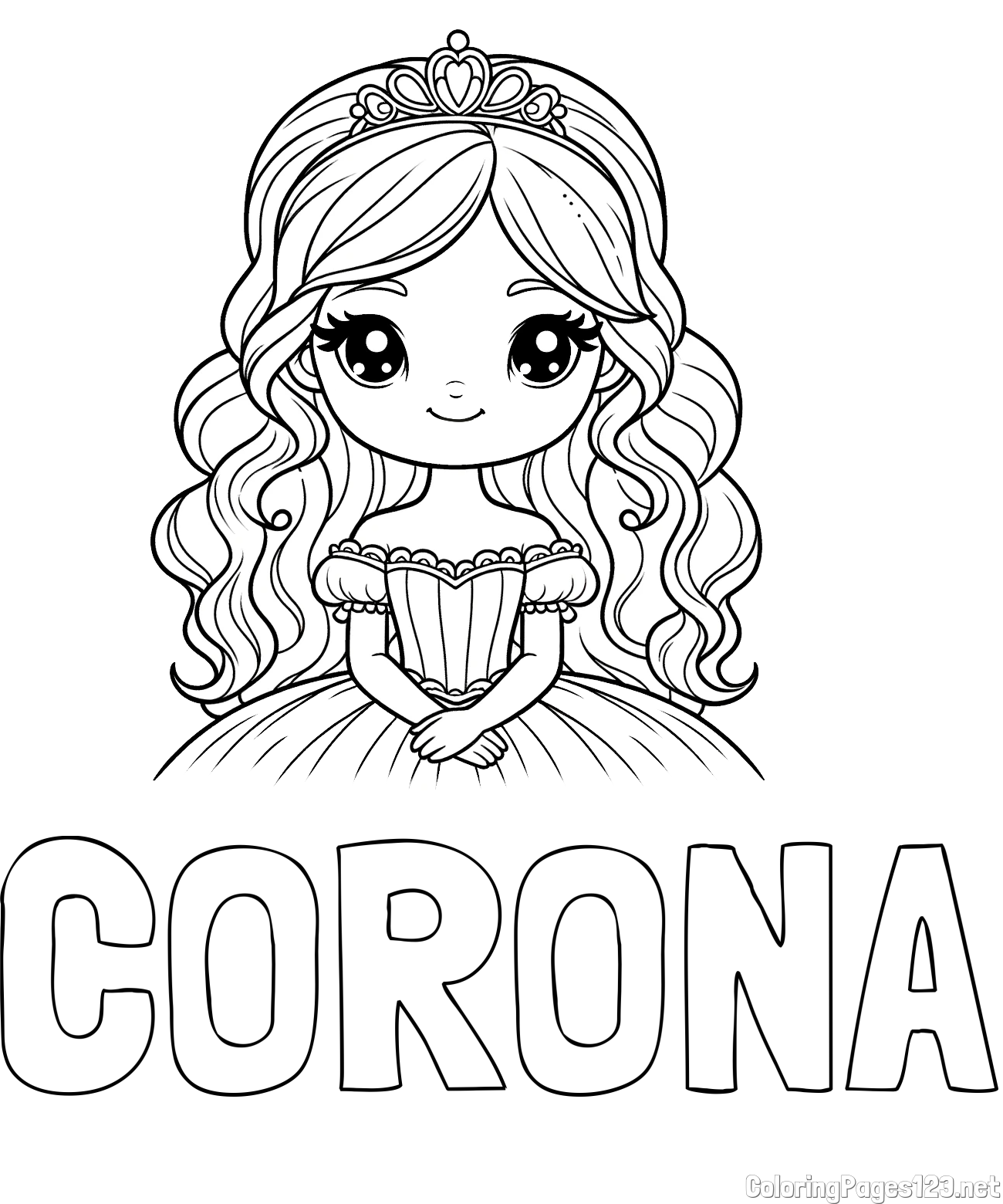 CORONA Coloring Page and Coloring Page of a Cute Princess with Big Eyes