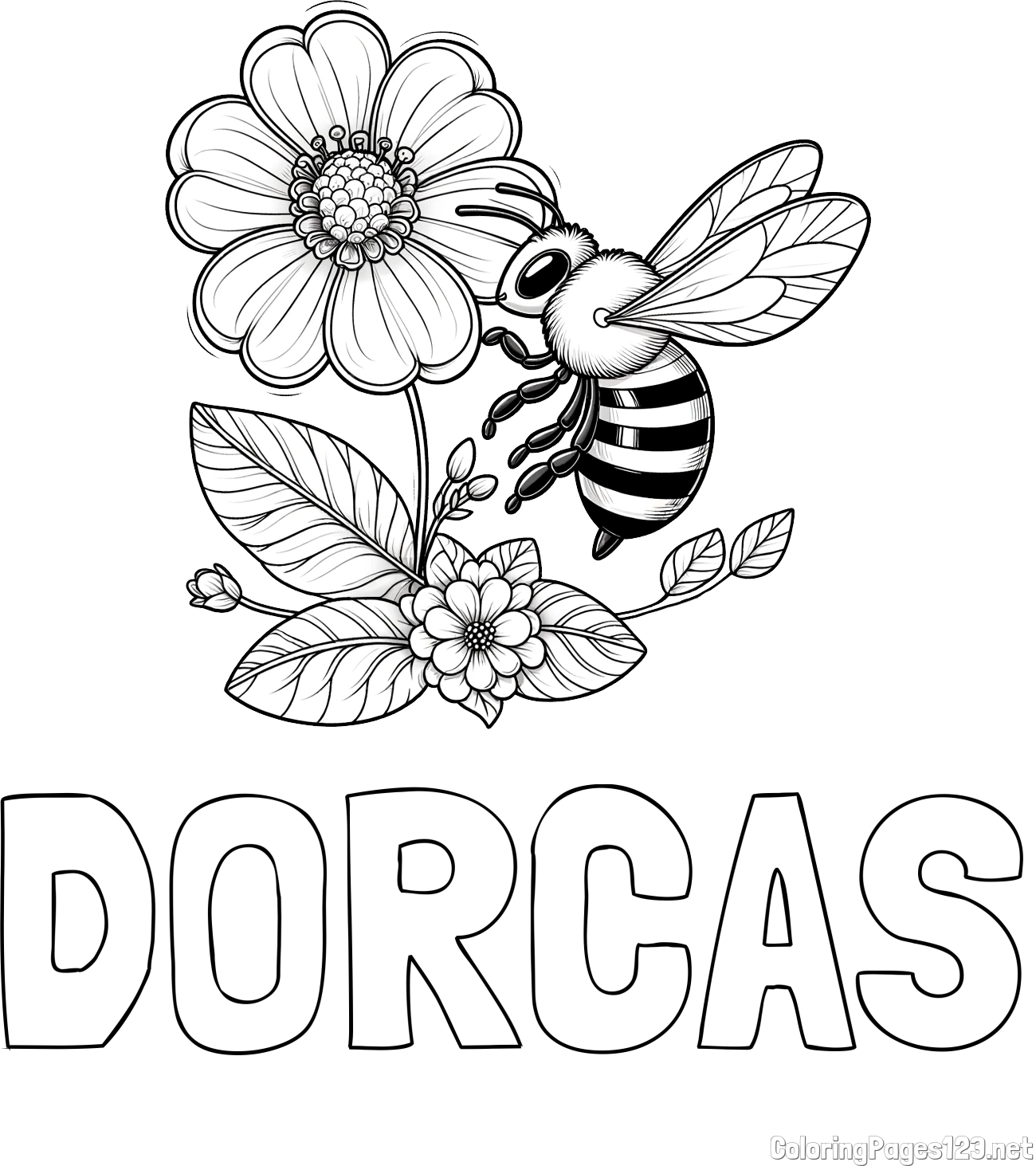 DORCAS Coloring Page and Children's Coloring Book of a Little Bee and Flowers