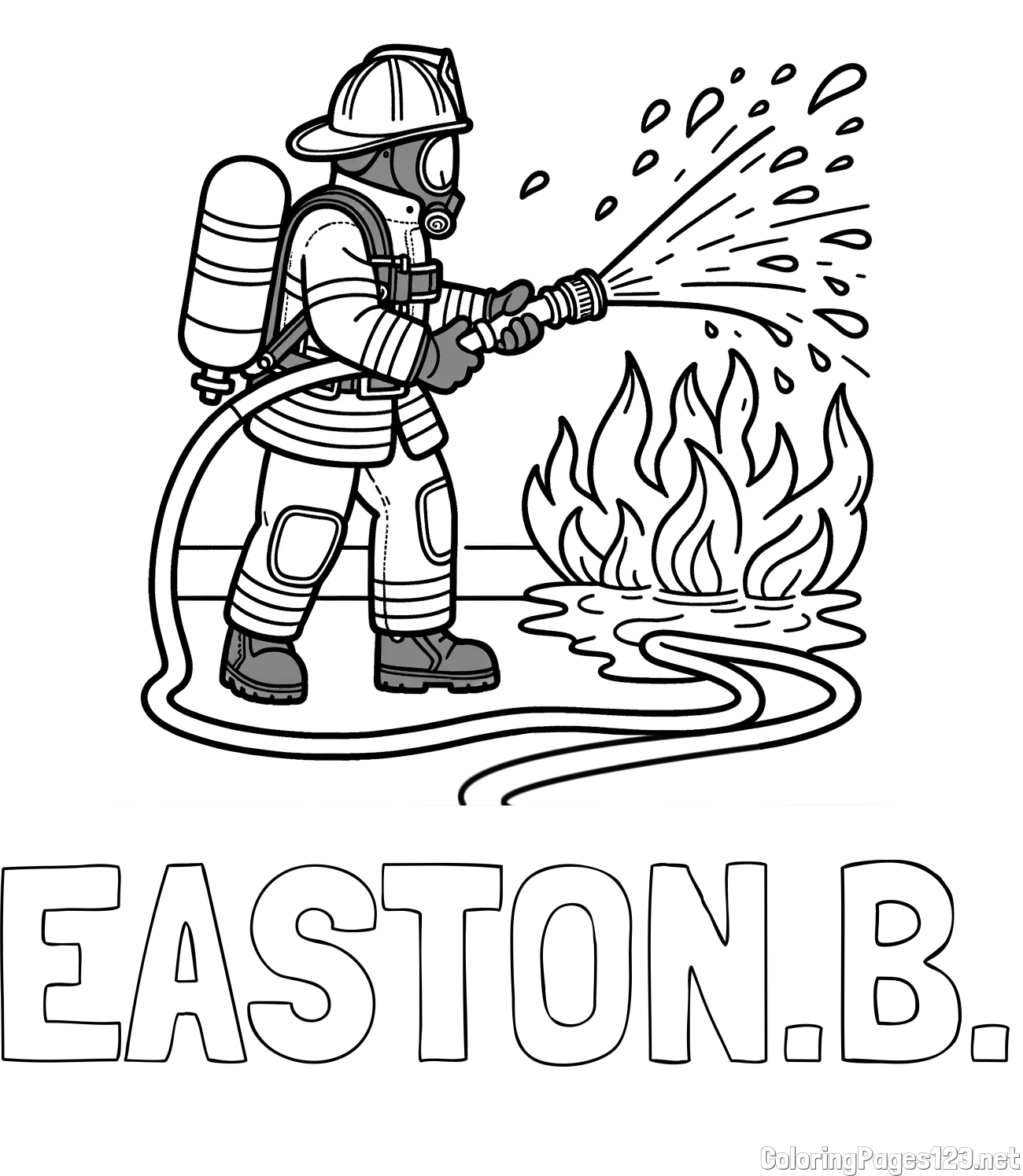 EASTON.B. Coloring Page and A coloring page of a firefighter and a big fire