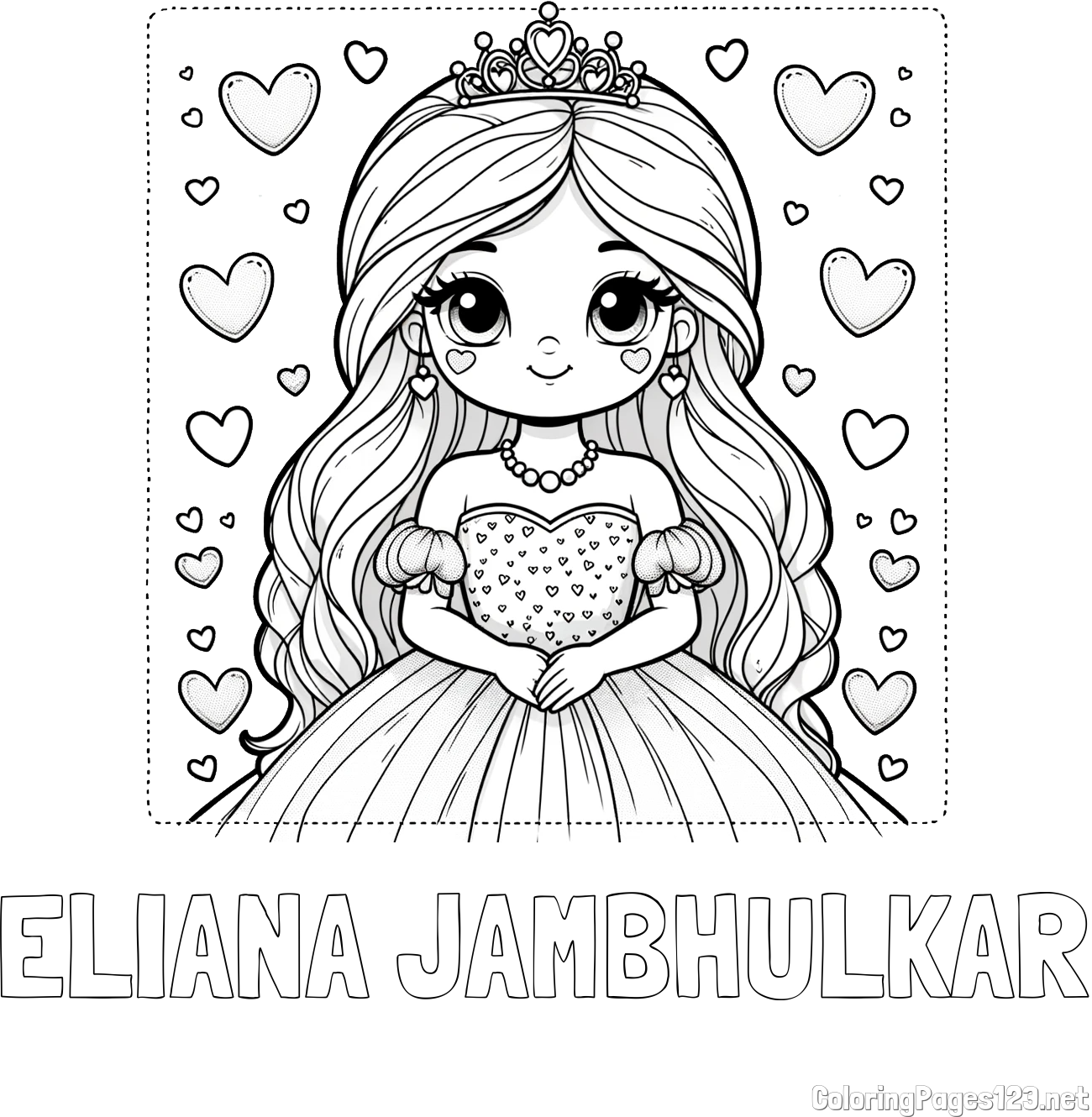 ELIANA JAMBHULKAR Coloring Page and Coloring Page of a Princess Surrounded by Hearts
