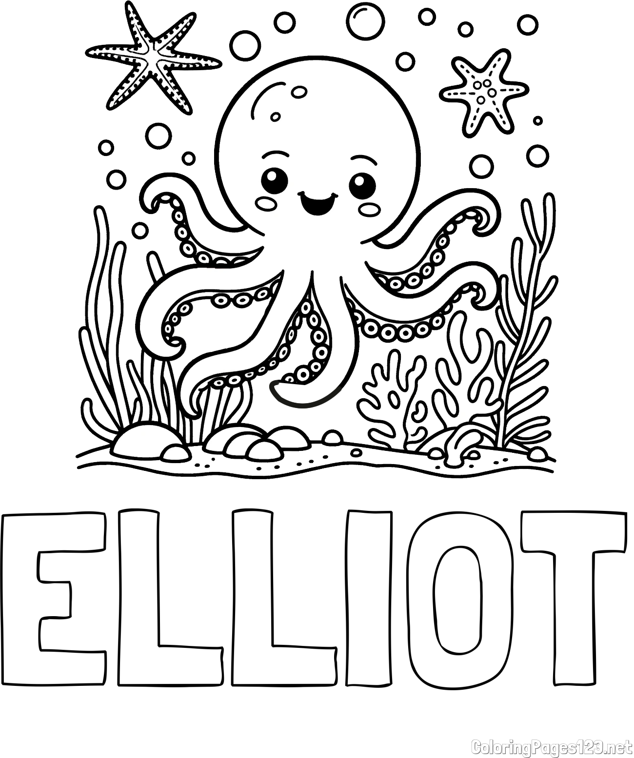 ELLIOT Coloring Page and Coloring Page of a Cute Octopus in the Ocean
