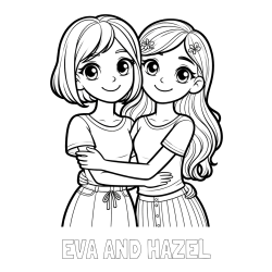 EVA AND HAZEL Coloring Page and Coloring Page of Two Cute Girls Hugging Each Other (Best Friends Forever)