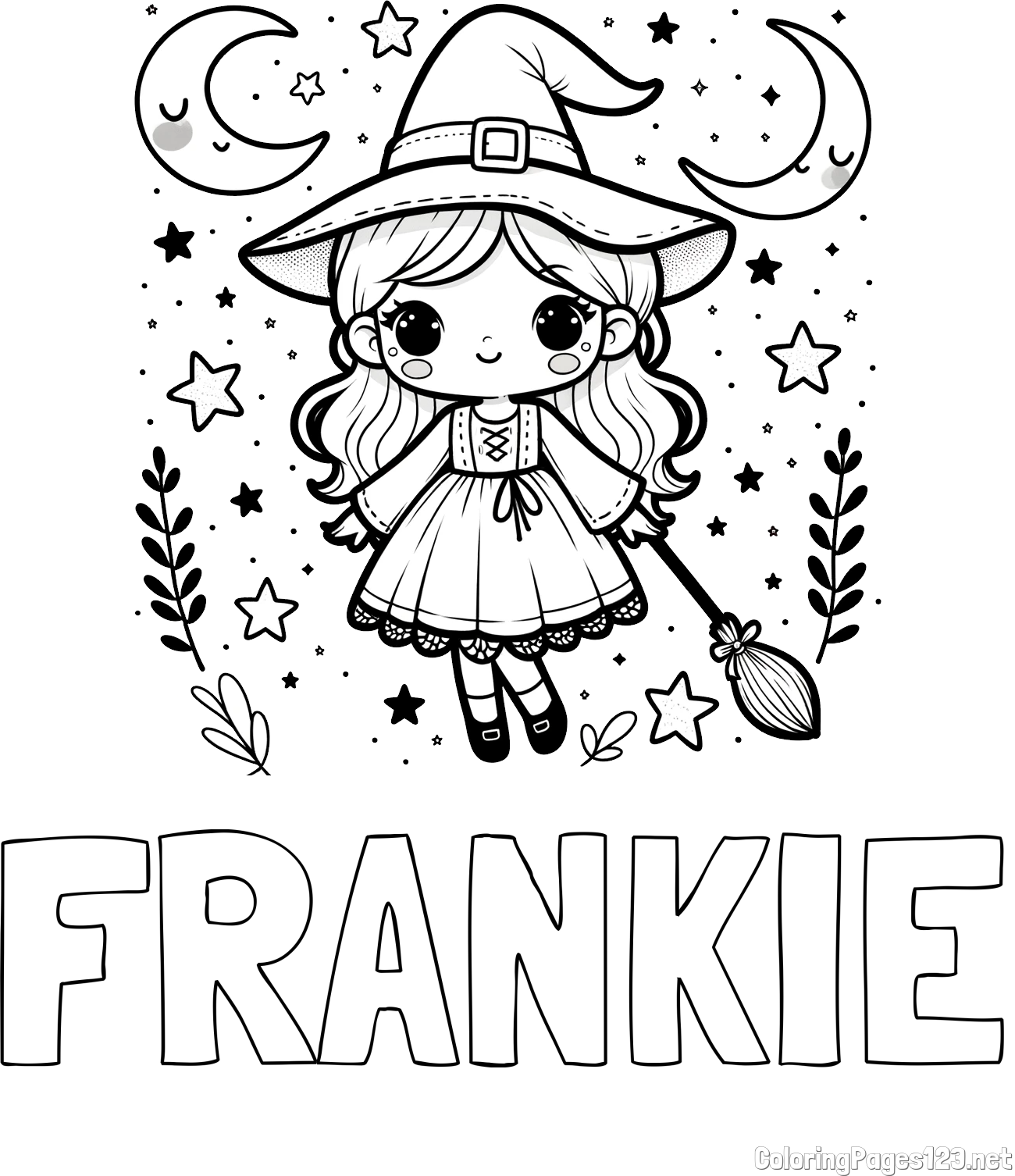 FRANKIE Coloring Page and Coloring Book of a Cute Witch