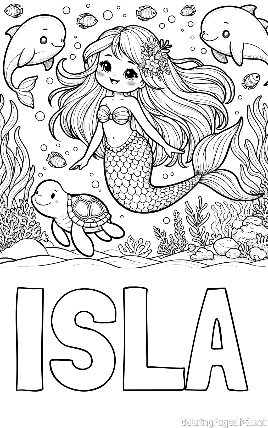 ISLA Coloring Page and Coloring Page of a Cute Mermaid with Friends