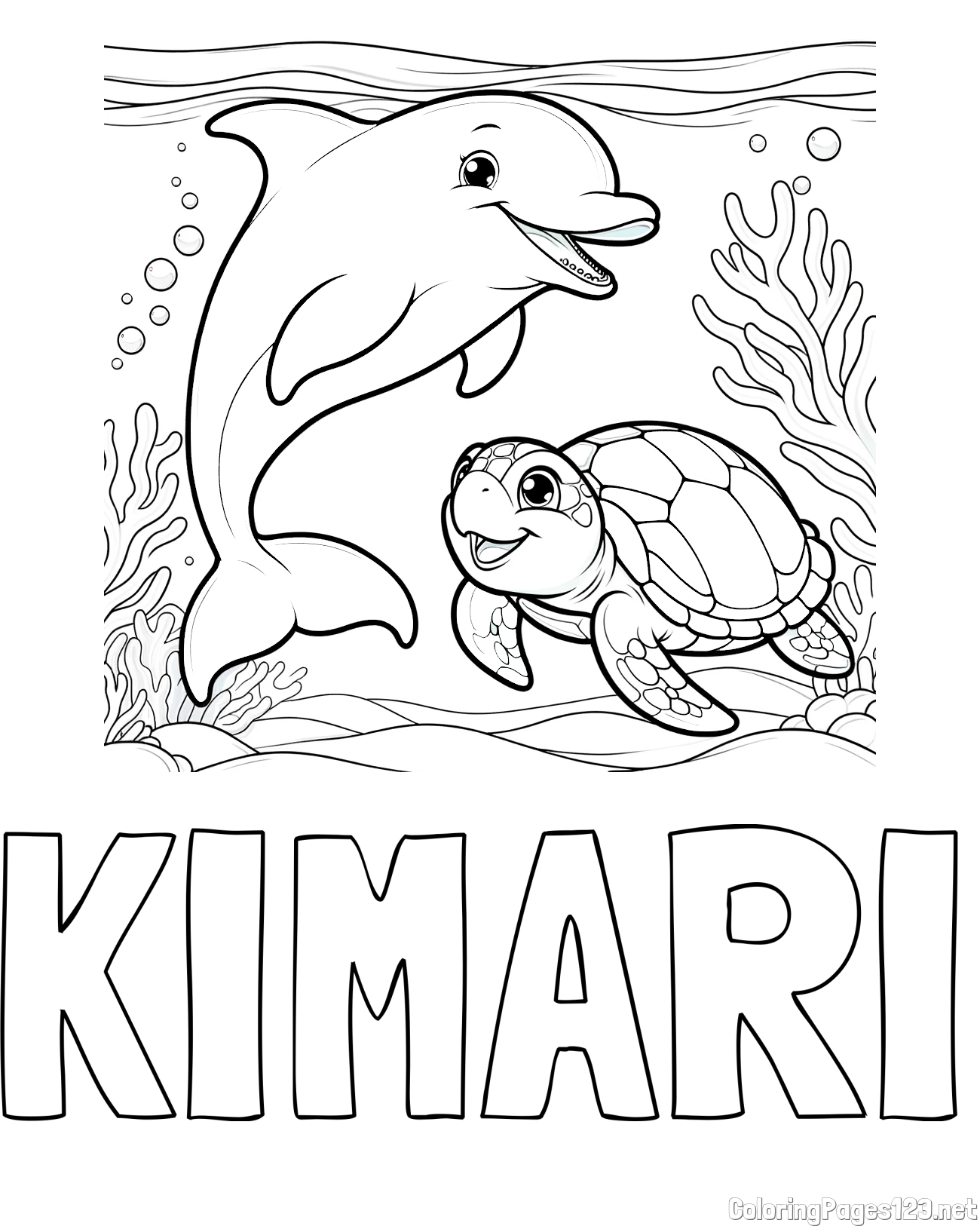 KIMARI Coloring Page and Coloring Book of a Cute Dolphin with a Turtle in the Sea