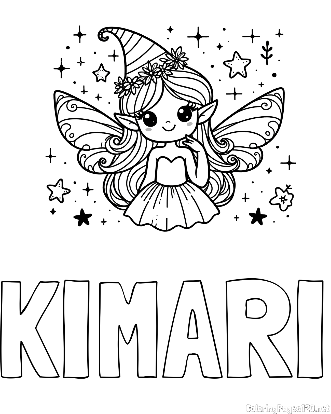 KIMARI Coloring Page and Coloring Page of a Cute and Smiling Magical Fairy