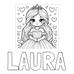 Online Created Coloring Page - LAURA Coloring Page and Coloring Page of a Princess Surrounded by Hearts