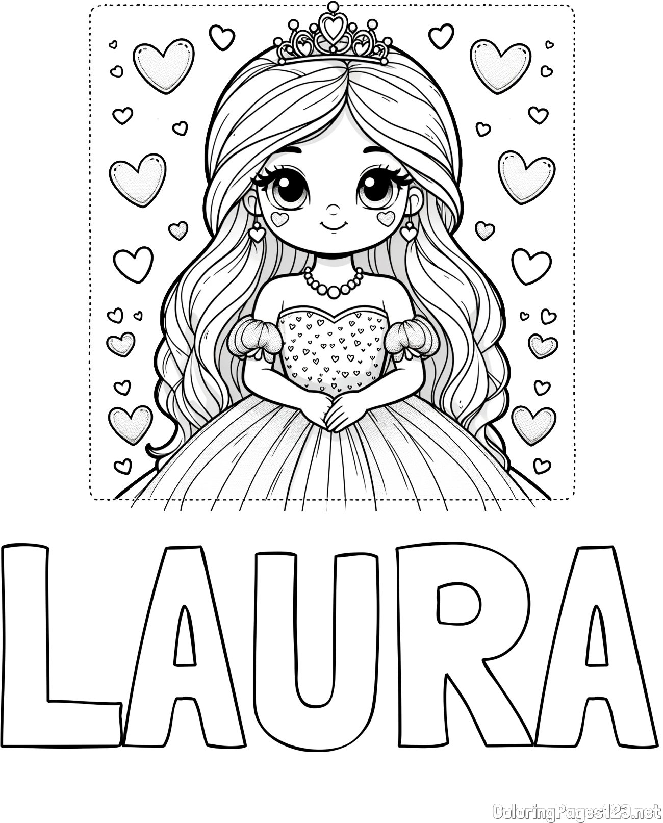 LAURA Coloring Page and Coloring Page of a Princess Surrounded by Hearts