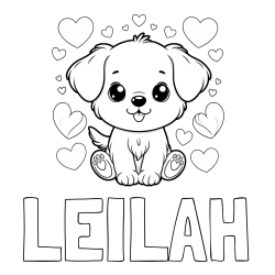 Online Created Coloring Page - LEILAH Coloring Page and Coloring Page of a Cute Dog and Hearts