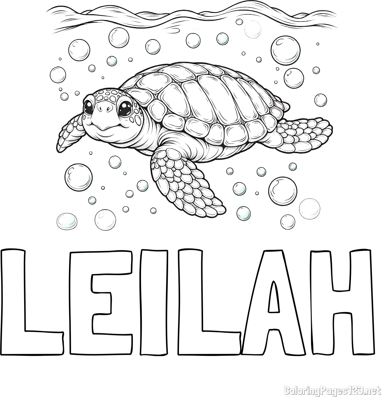LEILAH Coloring Page and Coloring Page of a Sea Turtle Swimming in the Ocean