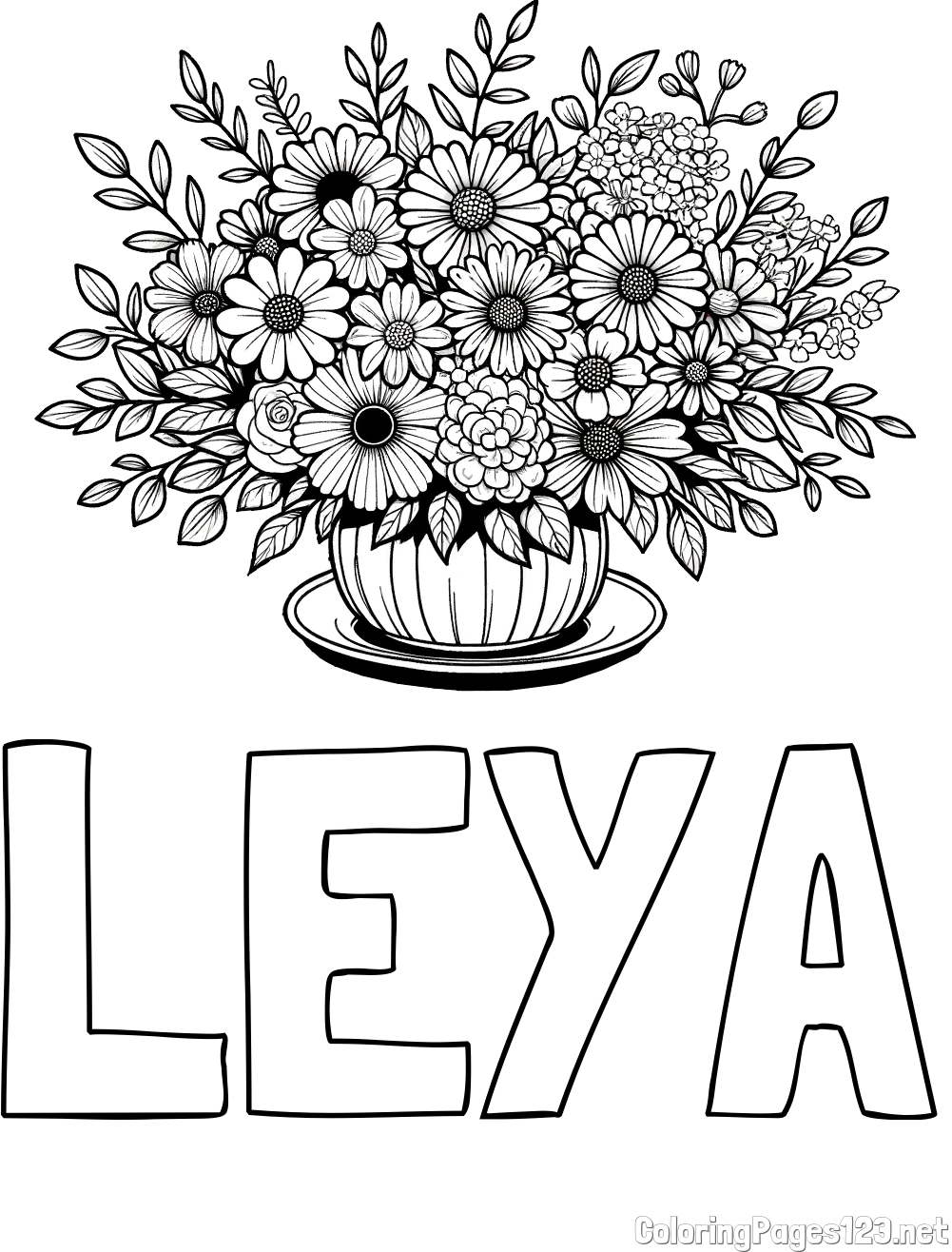 LEYA Coloring Page and Beautiful Bouquet of Flowers Coloring Page