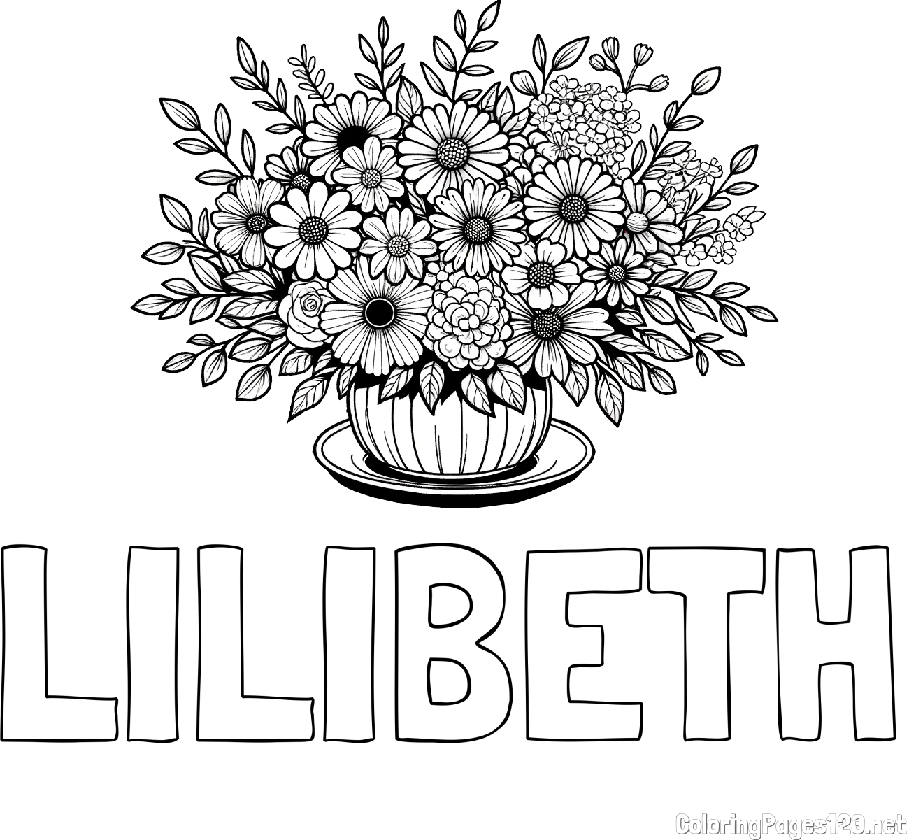 LILIBETH Coloring Page and Beautiful Bouquet of Flowers Coloring Page
