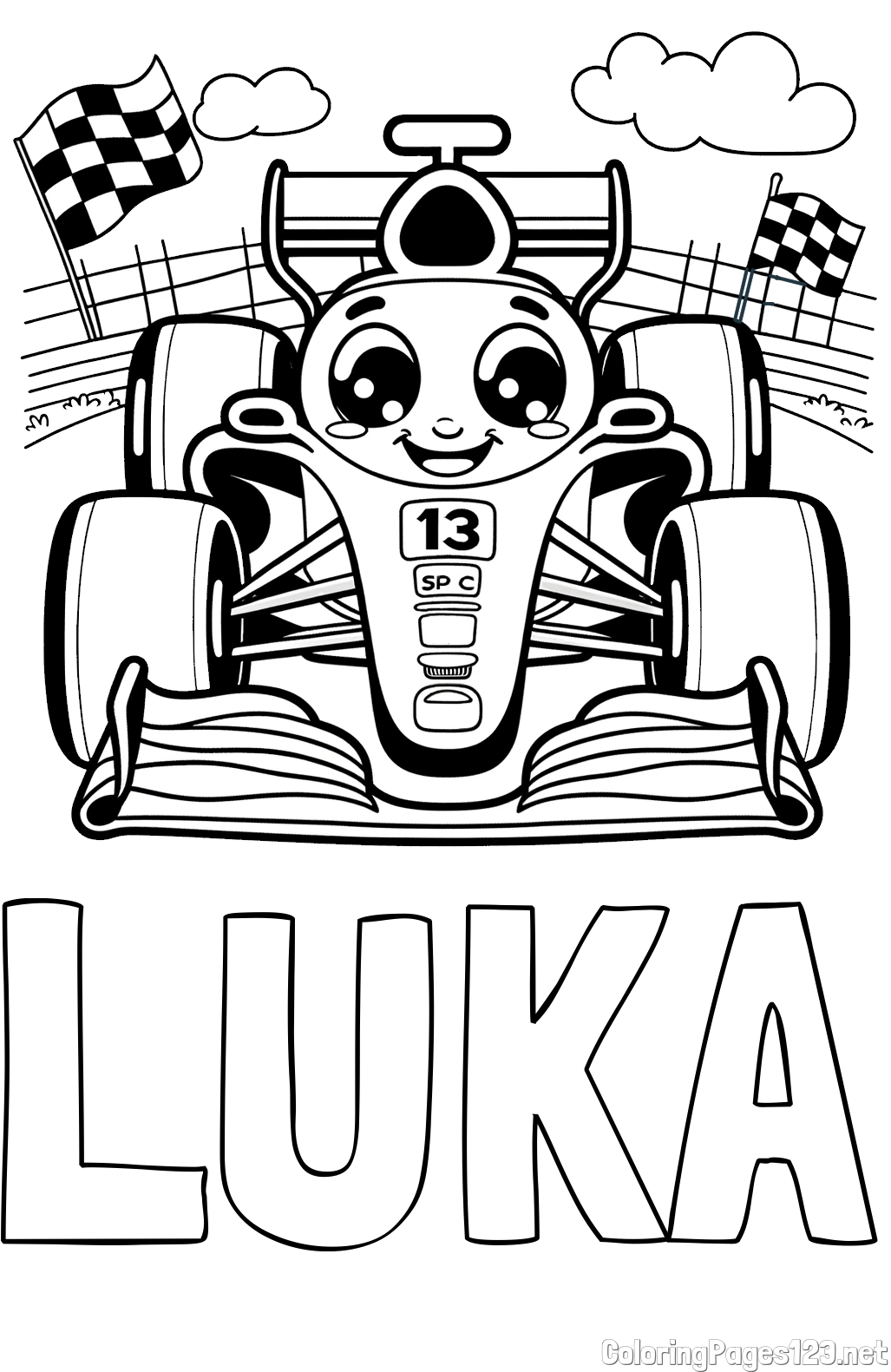 LUKA Coloring Page and Children's Coloring Page of a Smiling Formula One Car