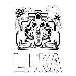 Online Created Coloring Page - LUKA Coloring Page and Children's Coloring Page of a Smiling Formula One Car