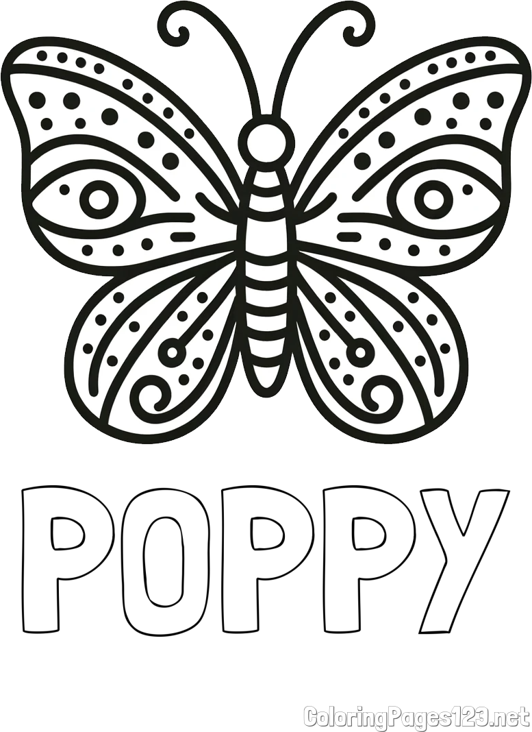 POPPY Coloring Page and Butterfly Coloring Page (Simple)