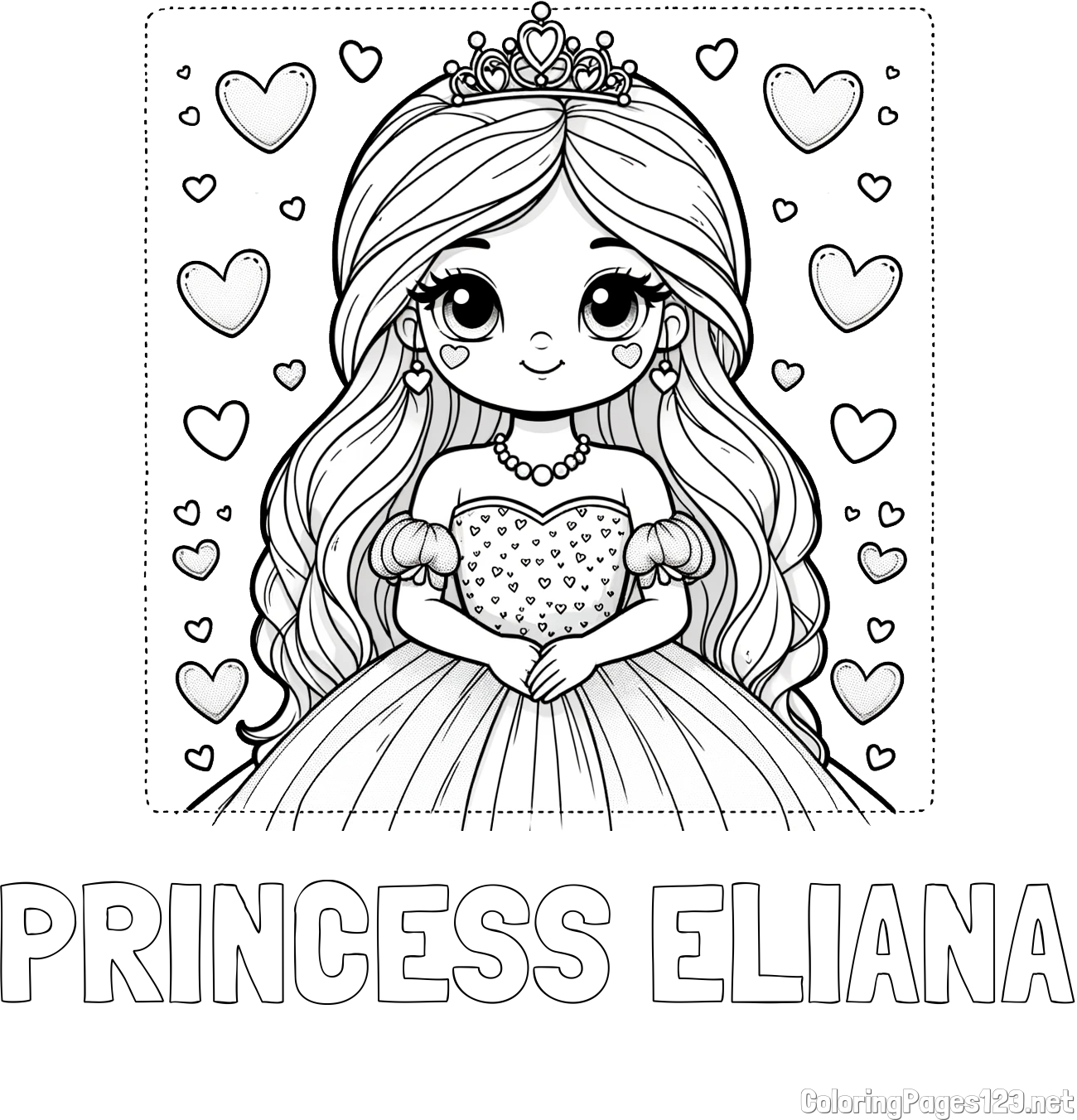 PRINCESS ELIANA Coloring Page and Coloring Page of a Princess Surrounded by Hearts