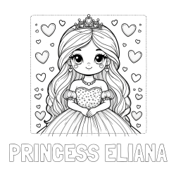Online Created Coloring Page - PRINCESS ELIANA Coloring Page and Coloring Page of a Princess Surrounded by Hearts