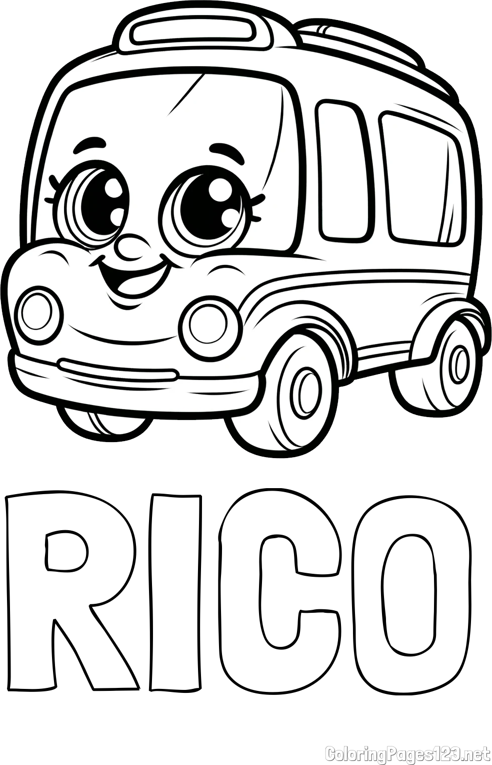 RICO Coloring Page and Coloring Page of a Smiling Bus