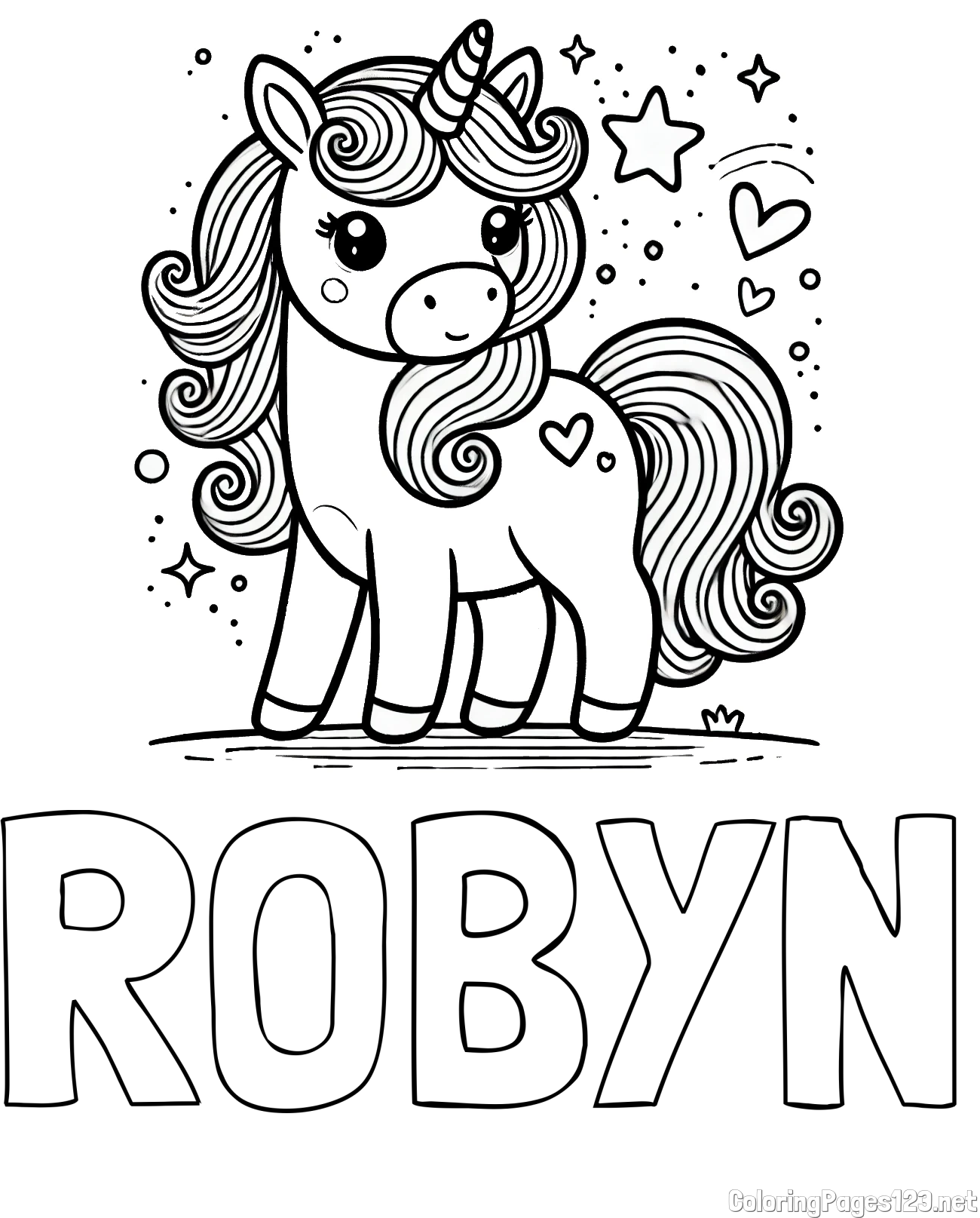 ROBYN Coloring Page and Cute Unicorn Coloring Page