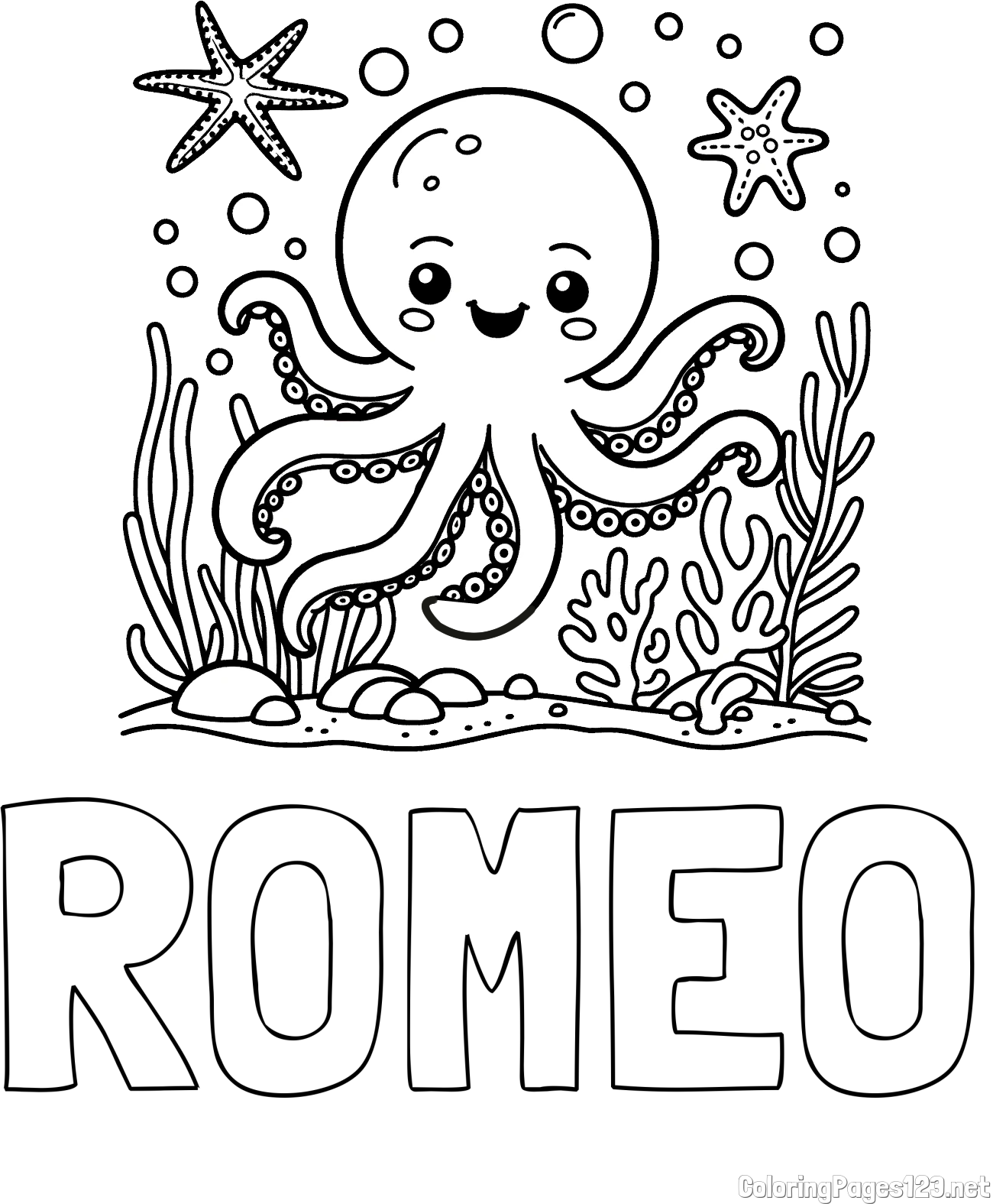 ROMEO Coloring Page and Coloring Page of a Cute Octopus in the Ocean