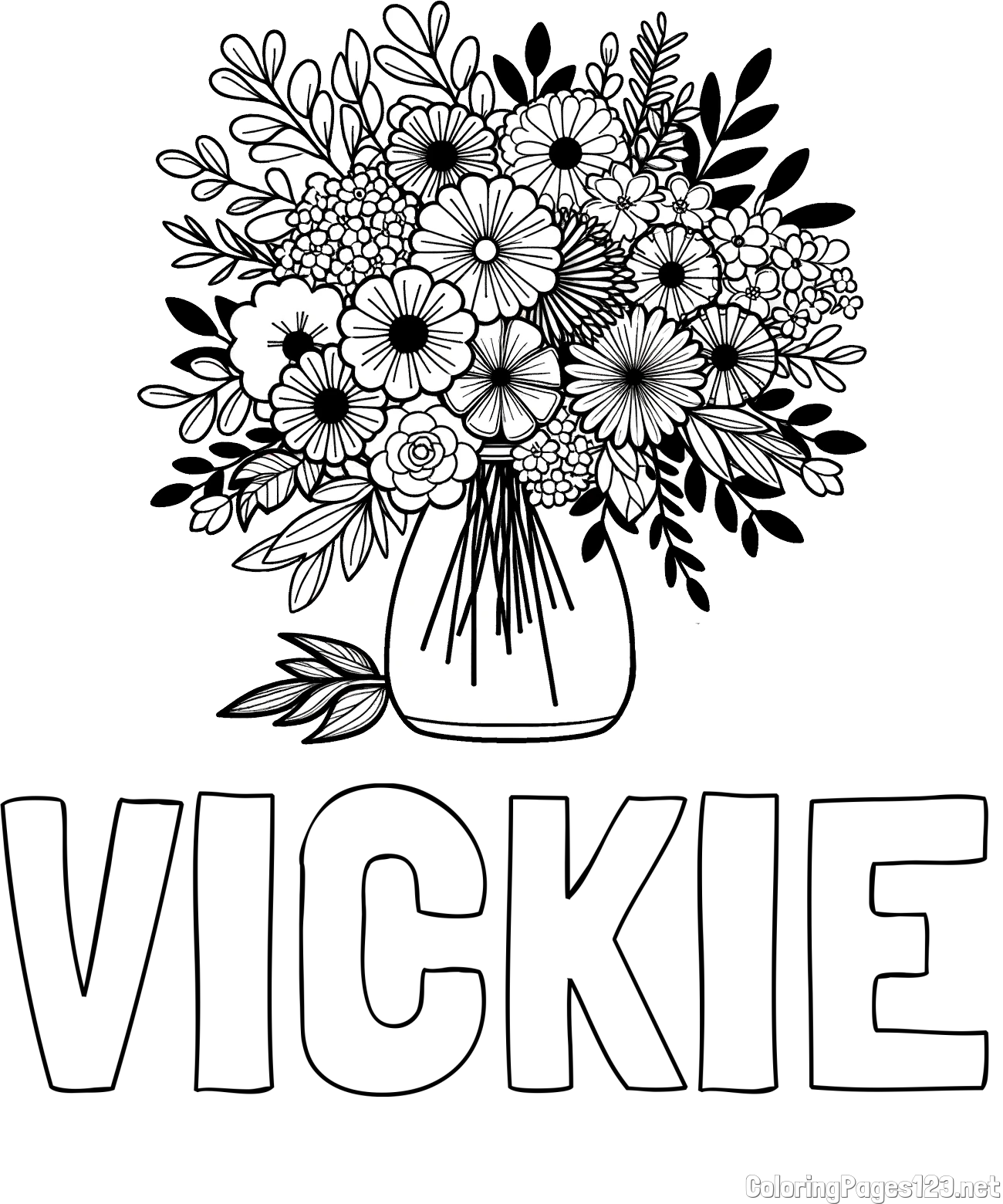 VICKIE Coloring Page and Flower Bouquet Coloring Page