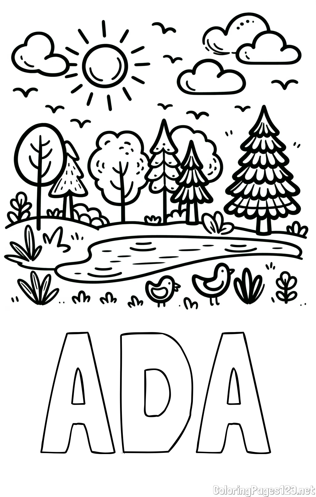 ADA Coloring Page and Summer Coloring Page - Pond, Ducks and Forest