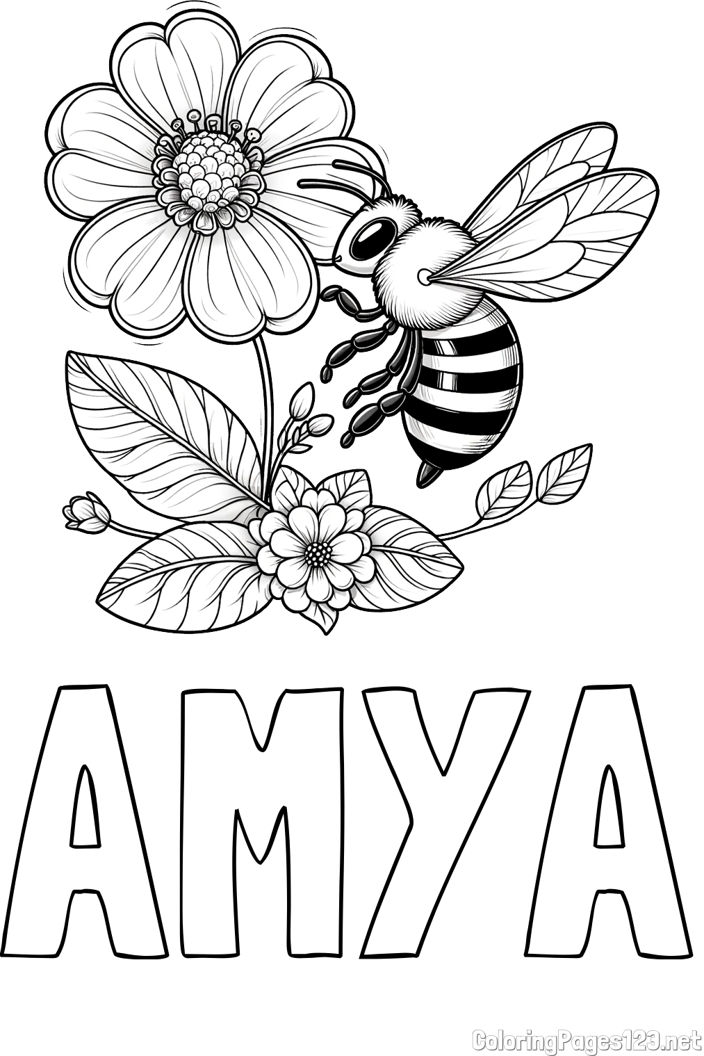 AMYA Coloring Page and Children's Coloring Book of a Little Bee and Flowers