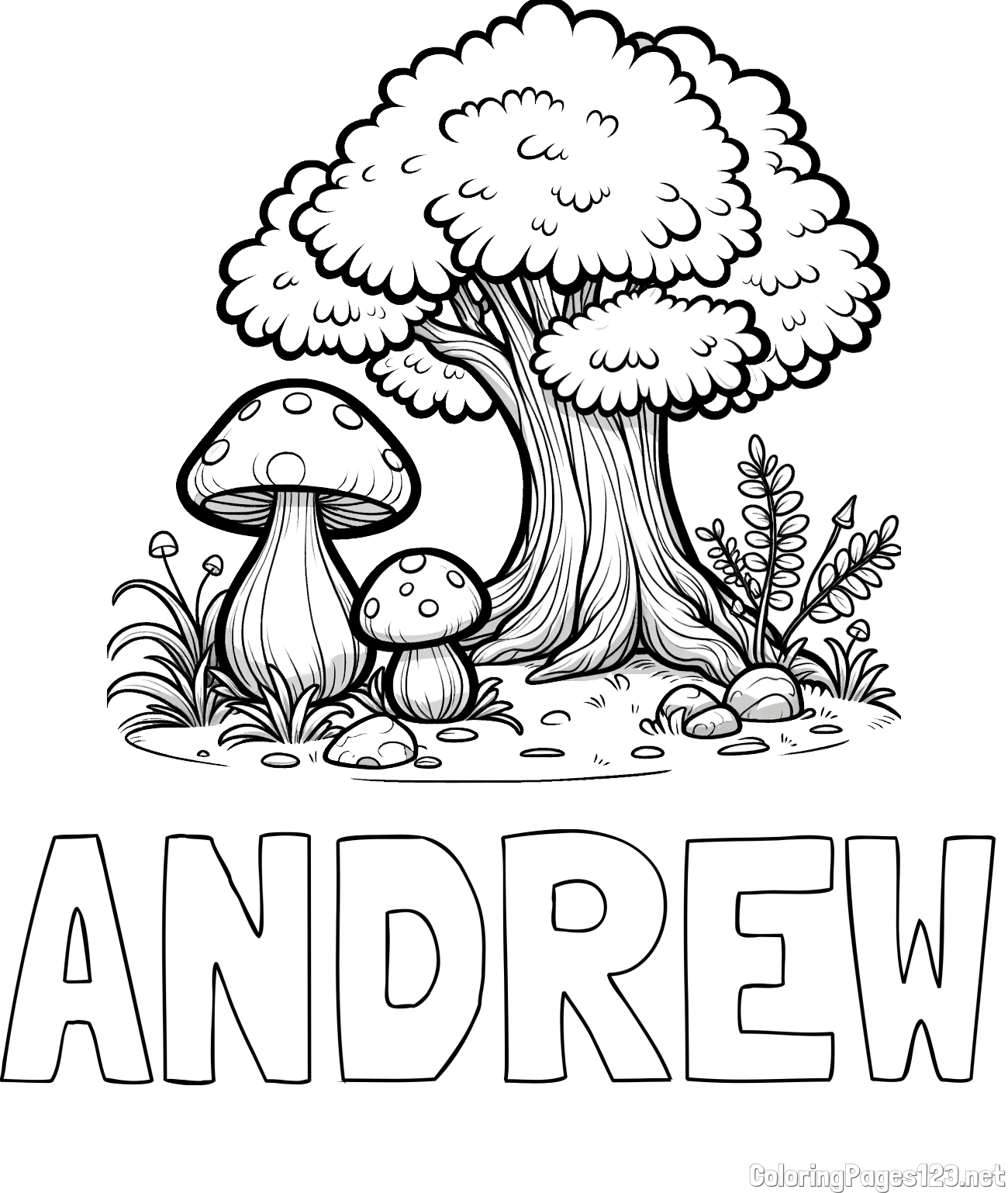 ANDREW Coloring Page and Coloring Page of Two Mushrooms and a Big Tree