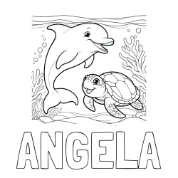 Online Created Coloring Page - ANGELA Coloring Page and Coloring Book of a Cute Dolphin with a Turtle in the Sea