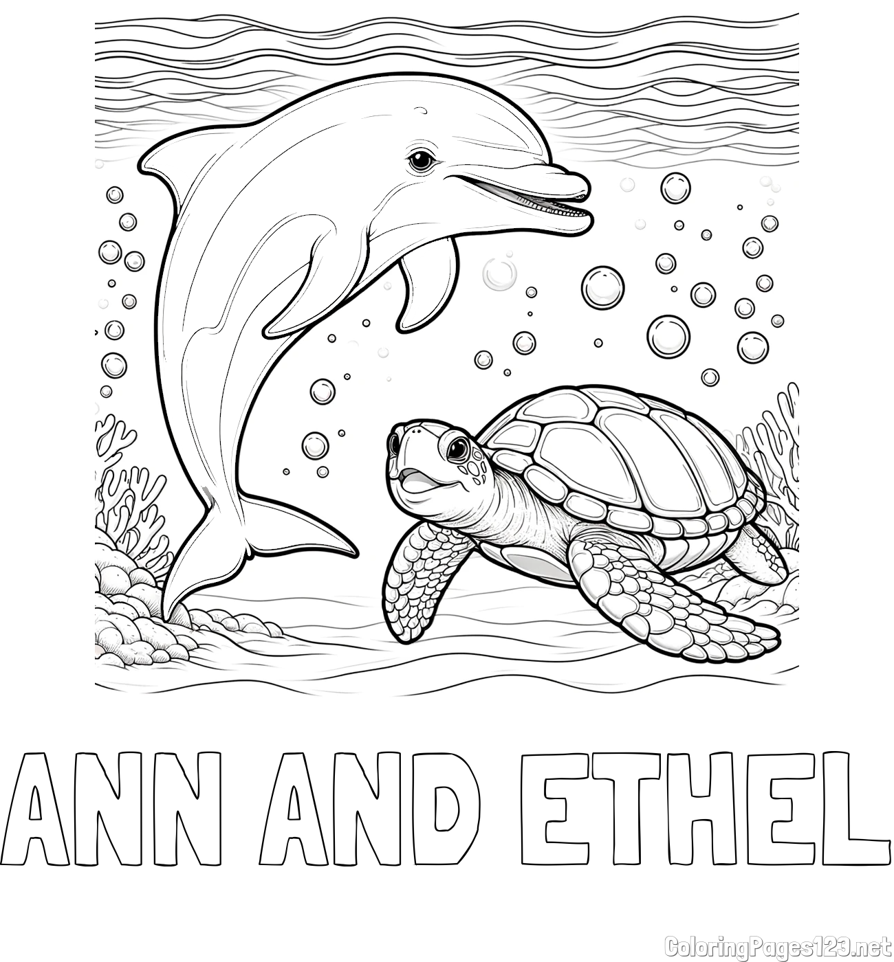 ANN AND ETHEL Coloring Page and Coloring Book of a Cute Dolphin and Its Turtle Friend"