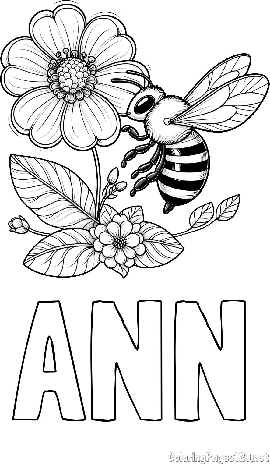 ANN Coloring Page and Children's Coloring Book of a Little Bee and Flowers