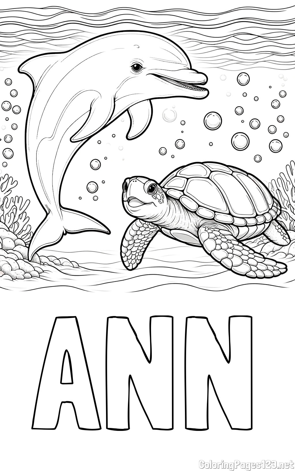 ANN Coloring Page and Coloring Book of a Cute Dolphin and Its Turtle Friend"