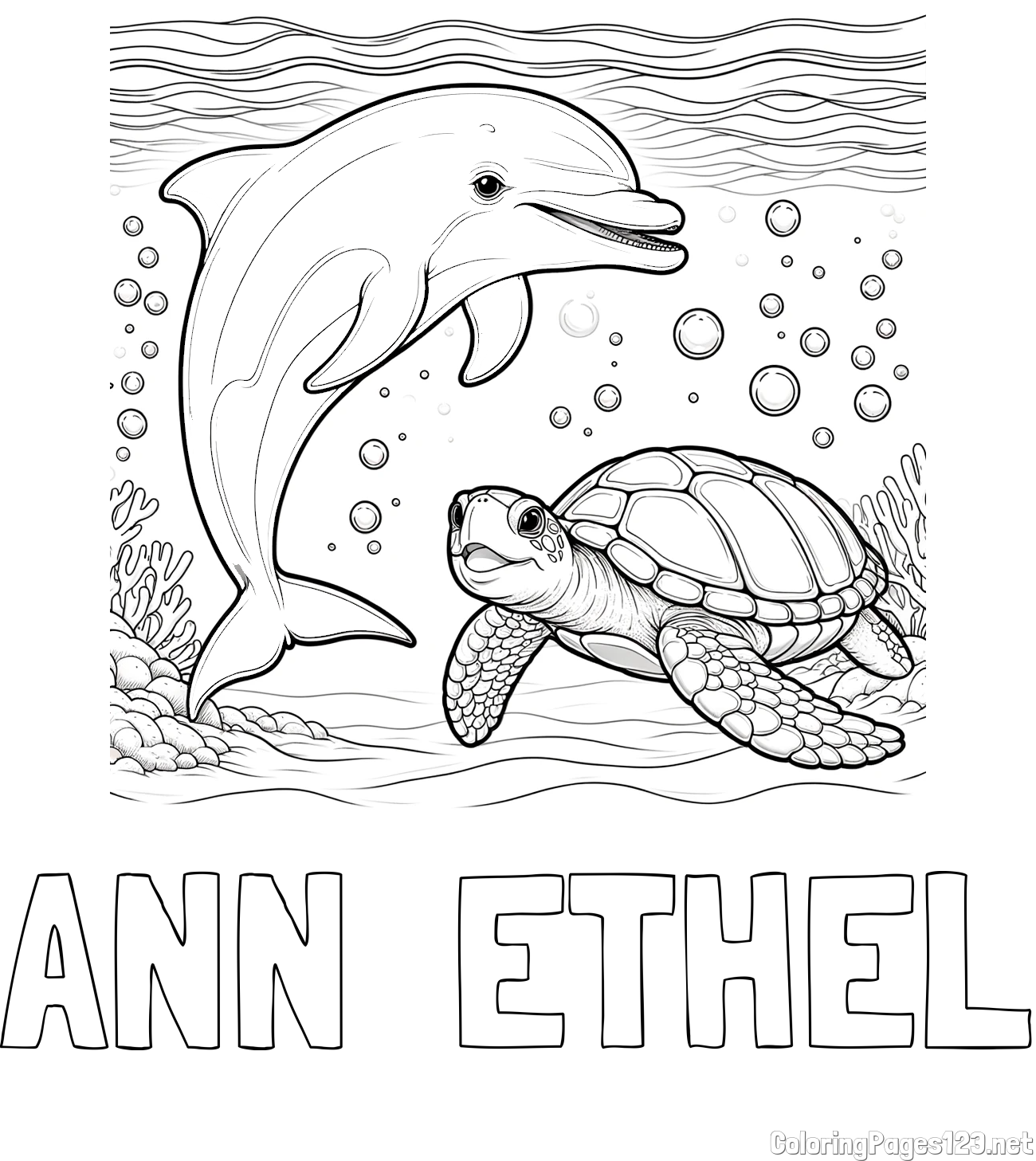 ANN  ETHEL Coloring Page and Coloring Book of a Cute Dolphin and Its Turtle Friend"